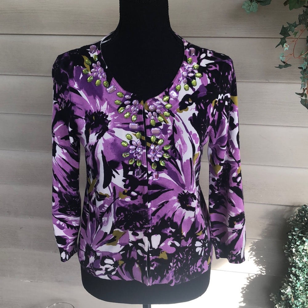 Style & Co women’s long sleeve embellished hook and eye floral blouse size Small